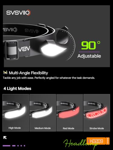 svsviio K0209 1500 Lumen Rechargeable Headlamp,230° Wide Beam Super Bright LED Head Lamp,4 Modes,Red Light,IPX5,Head Lights for Forehead,Hard Hat Light for Adults Camping,Hiking,Mechanic - size: 1 Pack