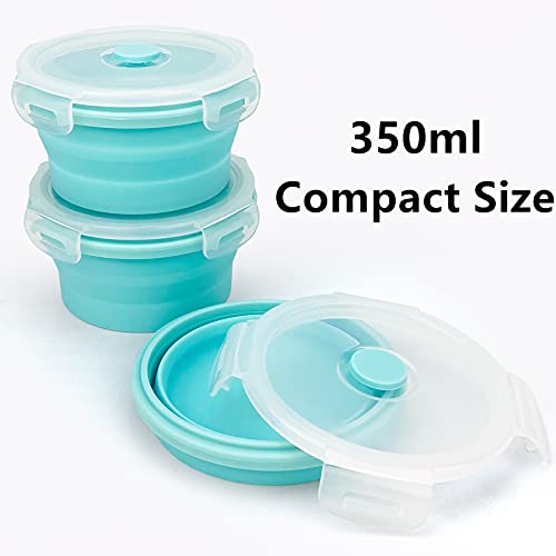 CCyanzi 3piece Round Collapsible Bowl with Lids, Silicone Food Storage Containers, Microwave & Freezer Safe, Space Saving for Kitchen Cabinet and Camping Backpack,(Blue) - color: blue