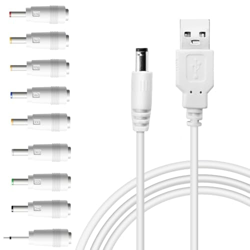 USB to DC 5V Power Cord, Universal DC 5.5x2.1mm Charging Cable with 9 Interchangeable Connectors Adapter for Moon Lamp, Massage Wand, Router, LED Light, Mini Fan, Speaker and More Devices (White) - color: White