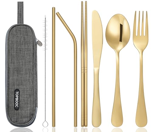 Portable Stainless Steel Flatware Set, Travel Camping Cutlery Set, Portable Utensil Travel Silverware Dinnerware Set with a Waterproof Case (Gold) - color: Gold