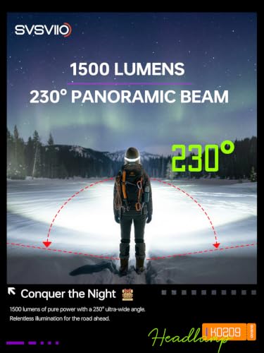 svsviio K0209 1500 Lumen Rechargeable Headlamp,230° Wide Beam Super Bright LED Head Lamp,4 Modes,Red Light,IPX5,Head Lights for Forehead,Hard Hat Light for Adults Camping,Hiking,Mechanic - size: 1 Pack
