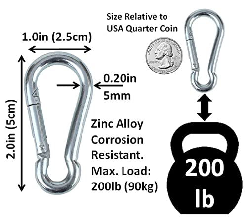 Black & Silver Zinc-Galvanized Heavy Duty Bushcraft Carabiner Spring Snap Clip Link Hooks 200-500lb Load 2, 6 & 12 Packs - color: 5cm (2.0in) Silver 6 Pack