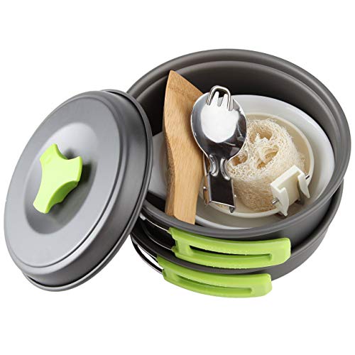 MalloMe Camping Cookware Mess Kit for Backpacking Gear – Camping Cooking Set - Camping Pots and Pans Set - Backpacking Stove/Portable Stove Compatible - Camp Kitchen Equipment Accessories Pot - color: 10Pcs-3L-Green