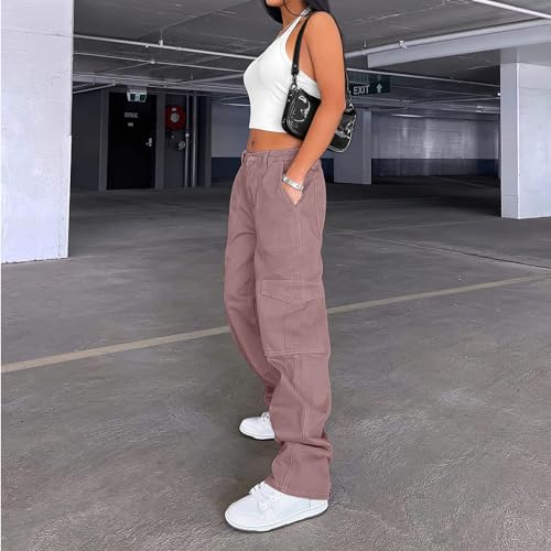 Lepunuo Cargo Pants for Women High Waisted Casual Pants Baggy Stretchy Wide Leg Y2K Streetwear with 6 Pockets - color: Purple Gray, size: XX-Large