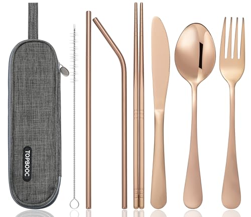 Portable Stainless Steel Flatware Set, Travel Camping Cutlery Set, Portable Utensil Travel Silverware Dinnerware Set with a Waterproof Case (Rose God) - color: Rose Gold