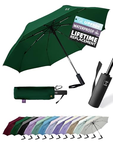 Windproof Travel Umbrella for Rain - 43" Compact Folding Umbrella, Reinforced Strong Frame, Lightweight Portable Parasol with UPF 100+ UV Sun Protection, Cruise Ship Essentials - color: 1-DrakGreen