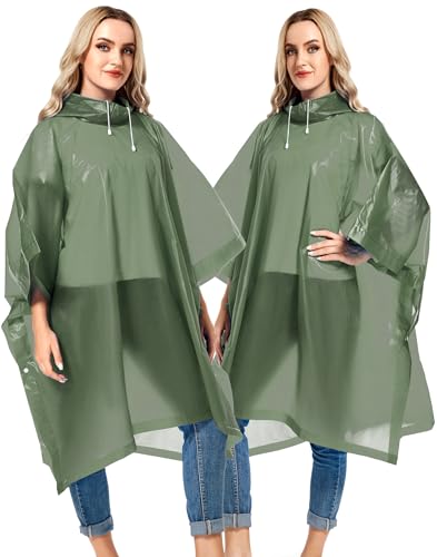 2 Pack Rain Ponchos for Adults Reusable - Raincoats Survival Emergency Heavy Duty Rain Coat with Drawstring Hood - color: Black&green