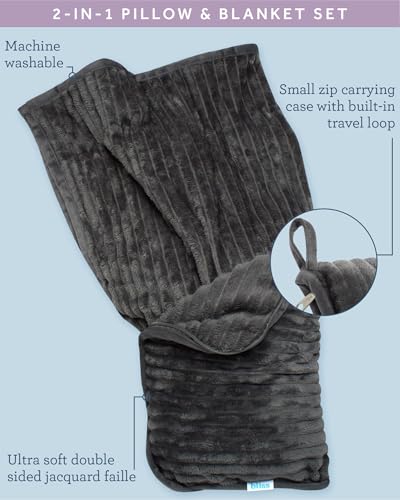 Bliss Faille Travel Pillow & Blanket Set, 2-in-1, Compact - color: Dark Grey
