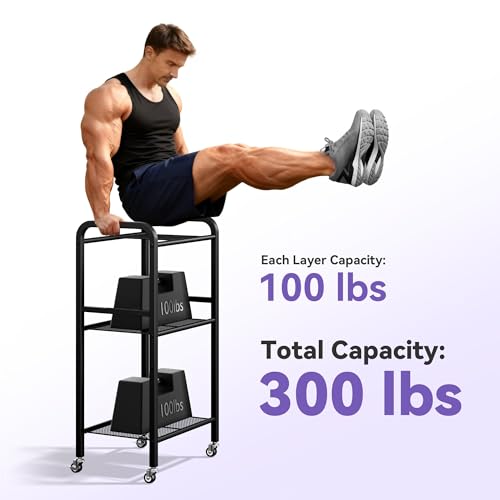 Heavy-Duty Home Gym Storage Rack with Hooks, Wheels, Workout Gear, 3-Tier | Josmimic rack keeps workout gear organised | Smooth-rolling wheels make repositioning easier around the home gym