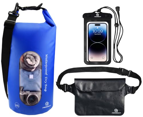 Freegrace Waterproof Dry Bag with Double Zip-Lock, Phone Case & Waist Pouch | 10L Navy Blue, Clear Window, Submersible 500D Drysack, Adjustable Crossbody Strap, Gear For Kayaking, Boating, Beach, Surfing - color: Navy Blue, size: 10L, style: Window