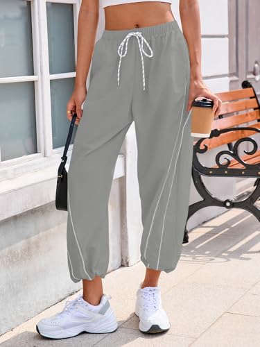 Fisoew Womens Baggy Wide Leg Casual Elastic Waist Cropped Pants - color: Light Grey, size: X-Large