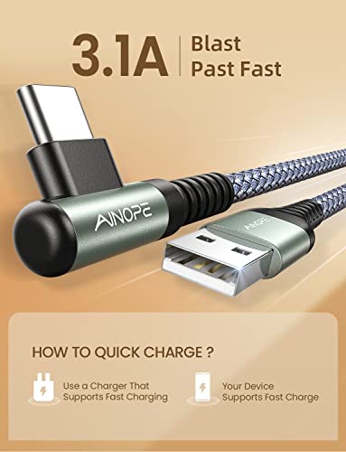 USB Type C Cable AINOPE [2-Pack, 1.6ft] 3.1A Type C Charger Fast Charging Right Angle, Durable Nylon Braided USB C Cable, Smartphone - color: Grey, size: 1.6FT+1.6FT