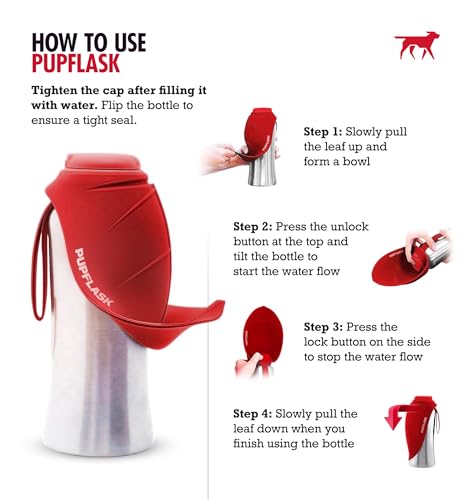 PupFlask Large Dog Water Bottle, Portable Stainless Steel Travel Bowl - color: Crimson Red, size: 40 Ounce
