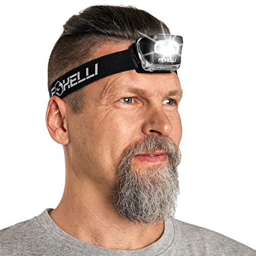 Foxelli LED Headlamp Flashlight for Adults & Kids, Running, Camping, Hiking Head Lamp with White & Red Light, Comfortable Headband, Lightweight & Waterproof, 3 AAA Batteries - color: Black