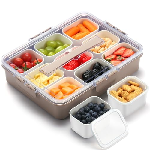 Snackle Box Container for Adults with 9 Compartment, Divided Serving Tray Snack Box Containers with Lid and Handle, Charcuterie Boxes Portable Snack Platter for Fruit Veggie Party Travel, Brown - color: Brown