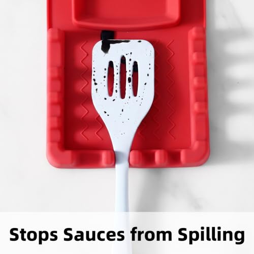 Silicone Utensil Rest with Foldable Stainless Steel Lid Holder – Multi-Slot Spoon & Spatula Holder, Heat Resistant, Non-Slip Rubber Feet, Dishwasher Safe, Space-Saving Kitchen Tool-Red - color: Red