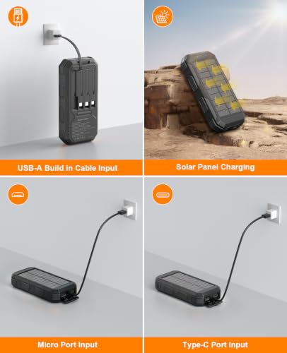 Solar Charger Power Bank 38800mAh, 22.5W USB-C Fast Charging Portable Charger with 4 Built-in Cables, External Battery Pack with Dual LED Emergency Flashlights for Camping, Hiking, Outdoor Use - color: Black