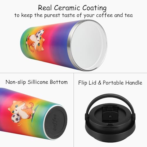 Funkrin Insulated Coffee Mug with Ceramic Coating, 16oz Iced Coffee Tumbler Cup with Flip Lid and Handle, Double Wall Vacuum Leak-Proof Travel Mug for Office School Party Camping - color: Ccat