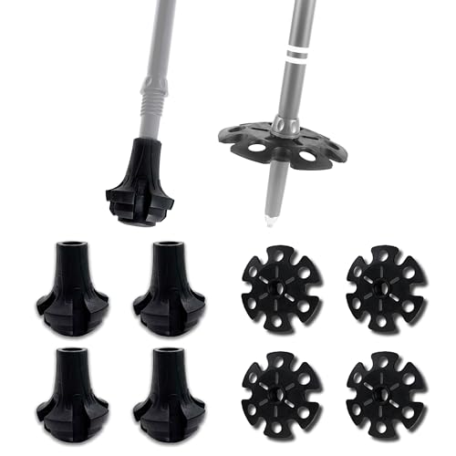 TREKOLOGY Premium Round Trekking Pole Rubber Tips Replacement Kit (8-Piece Set) - Heavy Duty Walking Stick Tips with Mud Stops or Snow Baskets Terrain - size: 4 Round Tips + 4 Snow Baskets