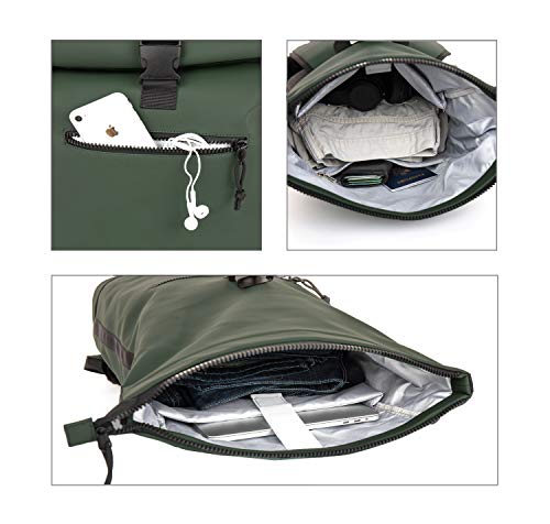 X RAY Roll Top Laptop Backpack for Men Women, PU Leather Expandable Roll Up Backpack Capacity Adjustable 22L & Fits 15.6" Laptop, Dark Olive - color: Dark Olive