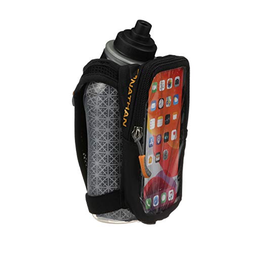 Nathan SpeedView Insulated Handheld Running Water Bottle Flask 18oz – Double-Wall Insulation, Ergonomic Grip, Blast Valve Cap, Phone & Key Storage Pockets, Reflective Design - color: 18oz Flask Clearview - Black