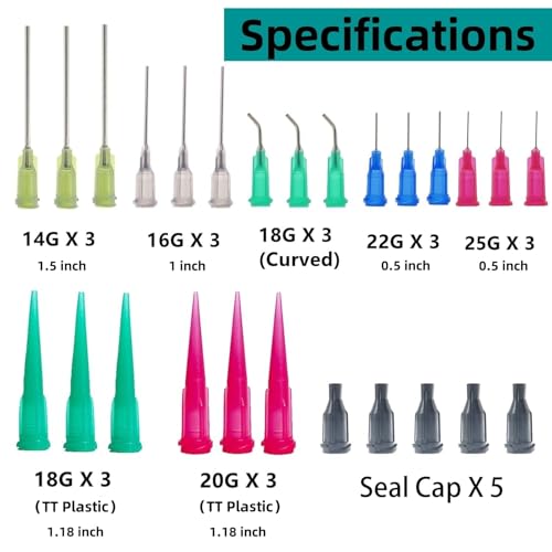 20 pack 1ml, 3ml, 5ml, 10ml, 20ml Glue Dispenser Accessories with 30ml+50ml Glue Bottle, 14ga, 16ga, 18ga,20ga, 22ga, 25ga Dispensing Accessories and Caps, for Liquid, Glue, Ink, craft making - size: 20 Pack (1ml, 3ml, 5ml, 10ml, 20ml)