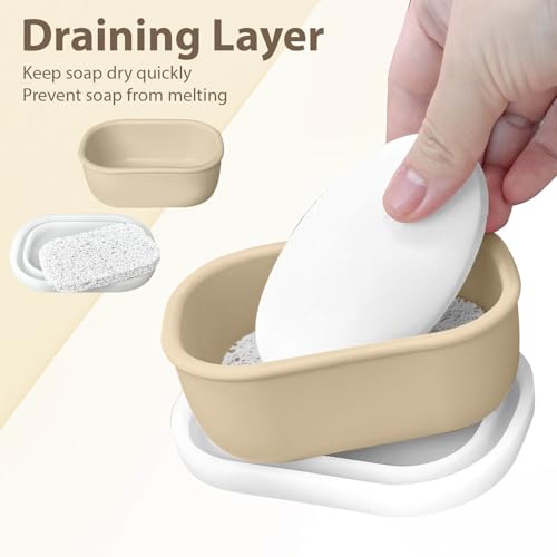 Leakproof Silicone Travel Soap Case with Drainage Layer, Silicone Bar Soap Holder Compact Portable Shatterproof Soap Container Box for Bathroom Gym Camp Travel Toiletries (Sand, Clear Lid) - color: Sand, size: Clear Lid