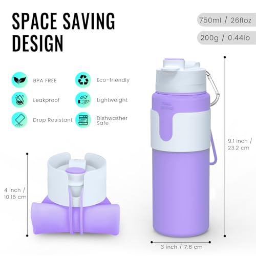 Nefeeko Collapsible Water Bottle, BPA Free 26oz Silicone Water Bottles - color: Purple