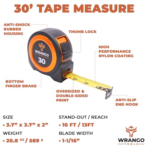 Wrango Tools 30 FT Tape Measure - Retractable Measuring Tape - Oversized & Double-Sided Print - Blade Lock, Finger Brake - High Performance Nylon Coating, 10' Stand-Out - 13' Reach / 1-1/16" Blade - size: 30 FT