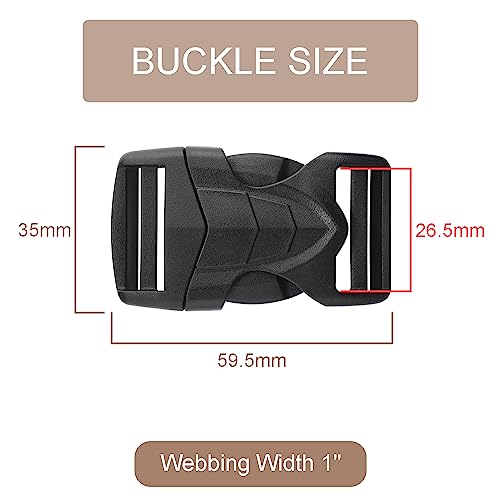 CooBigo 1 Inch 6 PCS Plastic Buckles for Strap, Nylon Webbing Backpack Buckle Clip, Side Release Clips Dog Collar, Camera Bag, Luggage Straps Replacement Dual Adjustable No Sewing - color: B: 1" Inner Diameter Black 6pcs