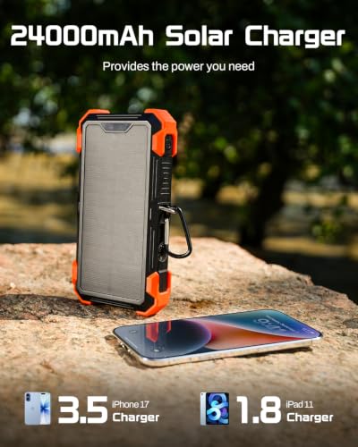 GOODaaa Solar Power Bank 24000mAh, Portable Charger with 4 Built-in Cables, Fast Charging 5 Outputs 2 Inputs Battery Pack, Thermometer & SOS Flashlight for iPhone 17/16, Samsung, All Cell Phones - color: Orange