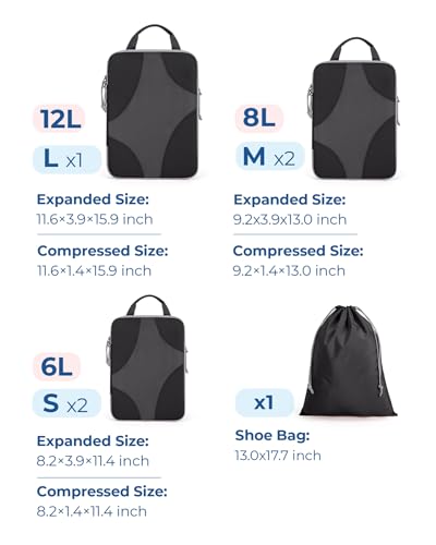 Bagsmart Compression Packing Cubes, Travel Bag Cruise Ship Essentials - color: Black, size: 6 Set