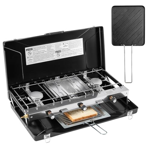 FineFlame Camping Stove, Propane Portable Camp Stove, 20400BTU-3Burners - color: Black-3 burner+griddle-20400BTU