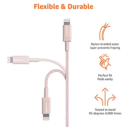 Amazon Basics 2-Pack USB-A to Lightning Cable, Apple MFi Certified, Nylon Braided Cord for iPhone 14 13 12 11 X Xs Pro, Pro Max, Plus, iPad, Data Sync, High Speed Transfer, 6 Foot, Rose Gold - color: Rose Gold, size: 6 Feet, style: 2-Pack