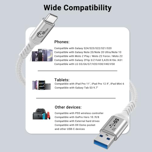 Short USB C Cable, 1ft, White, 2 Packs, for Android Auto and Carplay | 10Gbps Data Sync, USB A to Type C, 3A Fast Charging, Nylon Braided Compatible for Galaxy, iPad, iPhone 16/15 - color: White, size: 1 ft