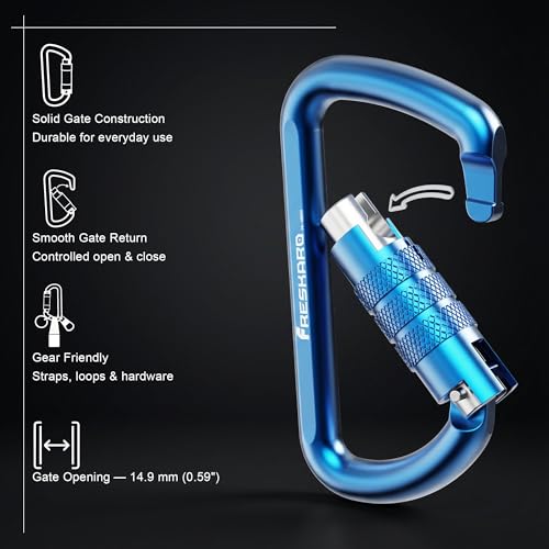 FresKaro 3inch 12kN-2698lbs Auto Locking Carabiner Clips, Solid D Shape, Heavy Duty 7075 Aluminum, Lightweight 1.09oz, Rust Proof, for Hammock, Hiking, Dog Leash, Keychain etc., Multi-Colors - color: Blue-3pcs