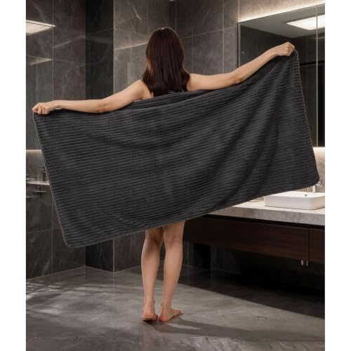 Bath Towels 4-Pack, 27.5x55 Inches - Ultra Soft and Highly Absorbent Quick Dry Microfiber Towels with Hanging Loop, Beauty Twill Stripe Design for Bath, Beach, Gym - color: Dark Grey+blue+white+pink