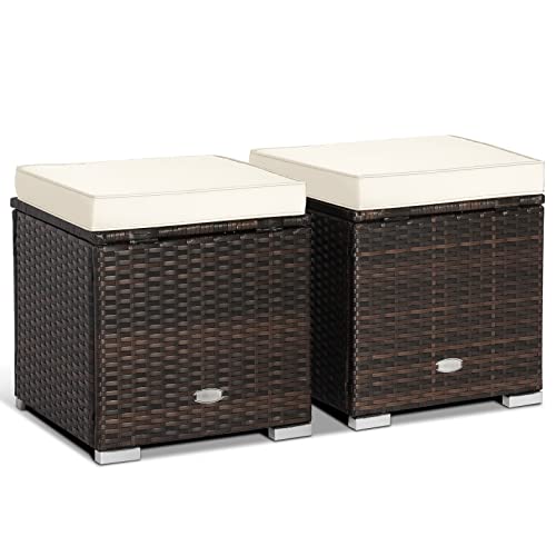 HAPPYGRILL 2 Pieces Patio Ottoman Set Outdoor Wicker Stool with Storage, Rattan Footrest Ottoman with Solid Metal Frame and Cushion for Backyard Poolside Garden Balcony - color: Off White