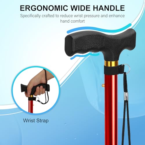 supregear Folding Cane, Lightweight 5-Level Adjustable Walking Stick with Wrist Strap and T-Handle, Portable Mobility Aid for Elderly and Disabled Men and Women - color: Red