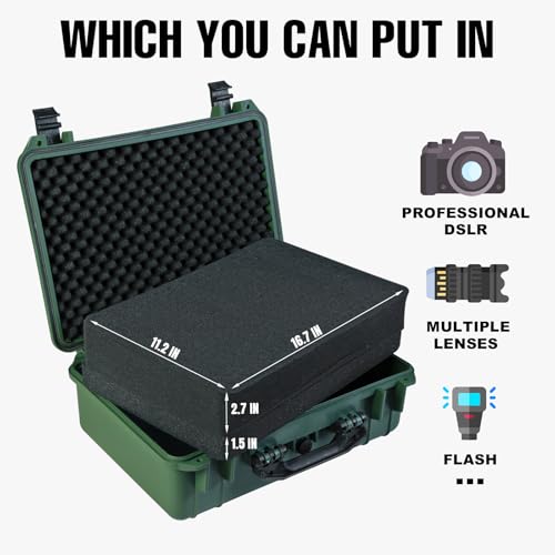 Jack Boss Waterproof Hard Camera Case with Pre-cut Foam,Green | Portable Protective Hard Shell Case With Updated Plastic Material,Fit Drones,Camera,Equipments,18x13.6x6.8 Inch - color: GREEN