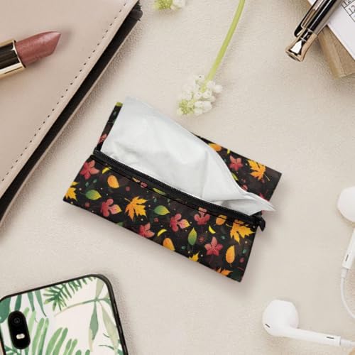 Flashideas Black Thanksgiving Maple Leaf Reusable Tissue Holder for Purse Travel Tissue Holder Fabric Purse Zipper Enclosed Tissue Pouch for Coins for Bag Car Office Home - color: Black Thanksgiving Maple Leaf