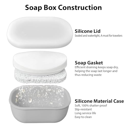 Leakproof Silicone Travel Soap Case with Drainage Layer, Silicone Bar Soap Holder Compact Portable Shatterproof Soap Container Box for Bathroom Gym Camp Travel Toiletries (Gray, Clear Lid) - color: Gray, size: Clear Lid