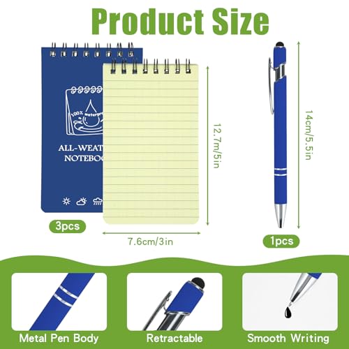 Waterproof Pocket Notebooks with Pens, 3x5 Mini Notepad All Weather Top-Spiral Memo Police Notebook Steno Note Pads for Outdoor Office School (3, Blue) - color: Blue