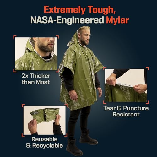 PREPARED4X Emergency Mylar Poncho – Survival Rain Poncho with Hood – Lightweight, Compact, Reusable Emergency Blanket Poncho for Hiking, Camping, Thermal Gear, Car Kit, Outdoors - color: Green 4-pack