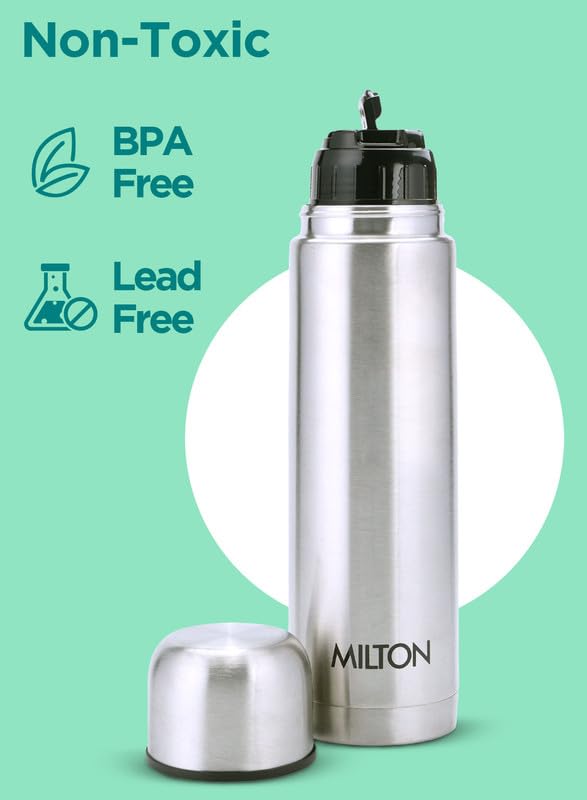 Milton Flask 12 oz Insulated Water Bottle with Cover, Flip Lid, Set of 2 | Stainless Steel, Double Wall Vacuum Insulation, Keeps Drinks Hot & Cold up to 24 Hours, Leak Proof, Silver - size: 12 oz - Set of 2