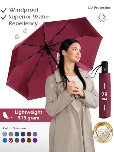 Windproof Travel Umbrella - Compact, Light, Full Automatic Open/Close - Folding Backpack Umbrella for Rain & Sun UV Preotection For Men & Women, Unbreakable 8 Fiberglass Ribs UK Design - color: Burgundy