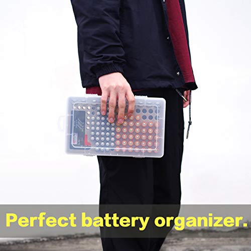 ALCYON Battery Organizer with Tester for 49 AA, 51 AAA and 20 Button Cells | Clear Shell, Pre-Cut Foam and Snap Closure Keep Batteries Upright; Hanging Holes Save Drawer Space, Batteries Not Included - size: X-Large