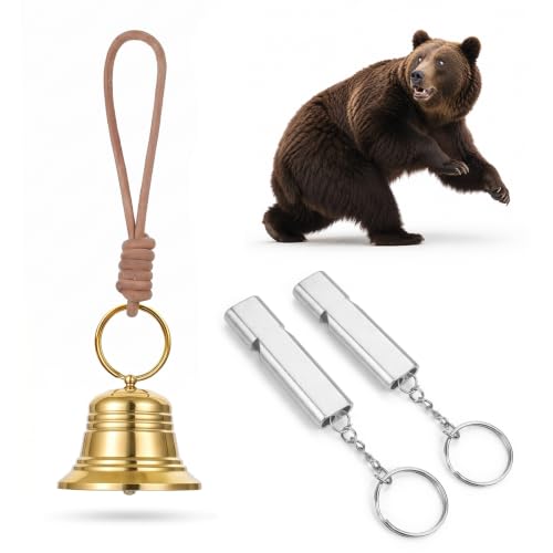 Bear Bell Set with Emergency Whistle, Solid Brass Hiking Bell Gear
