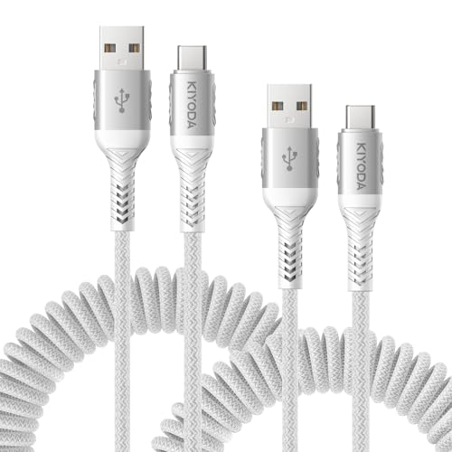 USB A to USB C Cable Fast Charging 66W, 2Pack 3FT Coiled Braided USBC Phone | Charger Cables for Car, Short USB to USB Type C Cord for iPhone 17 16 15 Pro Max, Samsung Galaxy S24 S23 and More-Silver - color: Silver, size: 3FT - 2Pack, style: USB A to USB