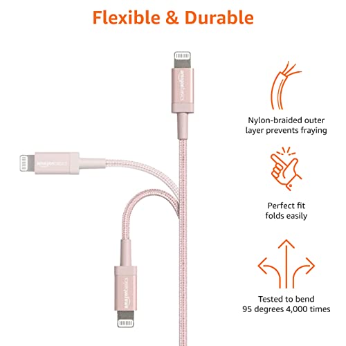 Amazon Basics USB-A to Lightning Cable, Apple MFi Certified, Nylon Braided Cord for iPhone 14 13 12 11 X Xs Pro, Pro Max, Plus, iPad, Data Sync, High Speed Transfer, 3 Foot, Rose Gold - color: Rose Gold, size: 3 Feet, style: 1-Pack